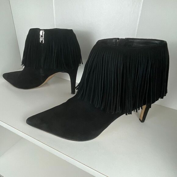 Sam Edelman Suede Fringe Trim Ankle Boots 8.5 Black - Picture 1 of 10